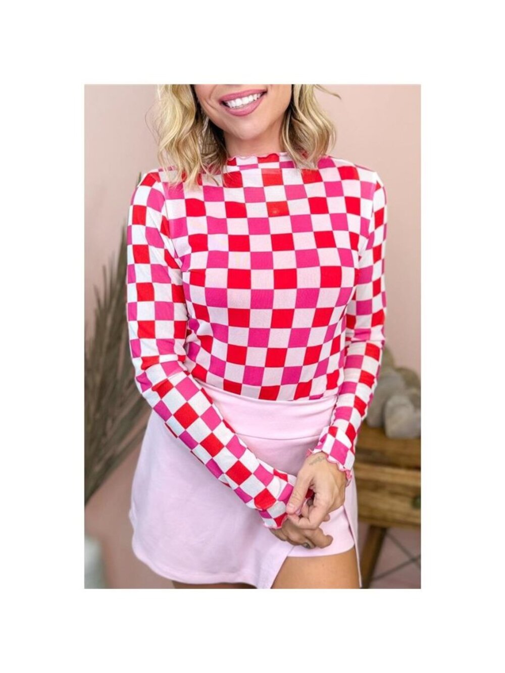 Plaid Heart Mesh Sheer Long Sleeve High Neck Top - Picture 2 of 14